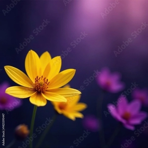 Obraz Bold yellow blossoms in a mysterious purple garden setting , flowers, high resolution