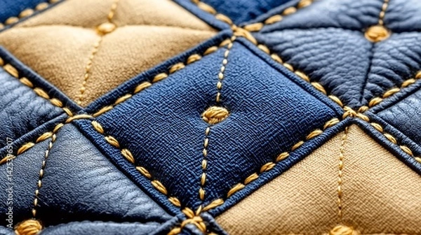 Obraz Blue and Beige Quilted Leather Texture with Golden Stitching