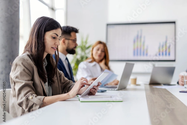 Fototapeta Side view of focused female employee scrolling on tablet and doing case study with her team.