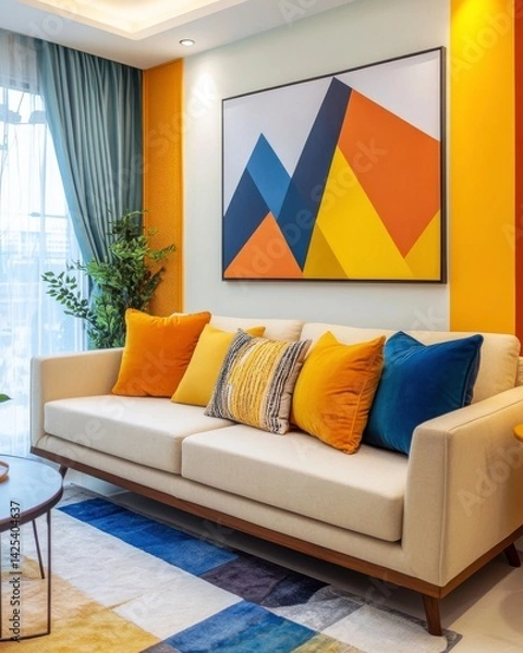 Fototapeta Cozy Living Room Interior: A modern living room bathed in warm light, showcasing a comfortable sofa adorned with colorful pillows beneath an abstract artwork, creating an inviting ambiance.