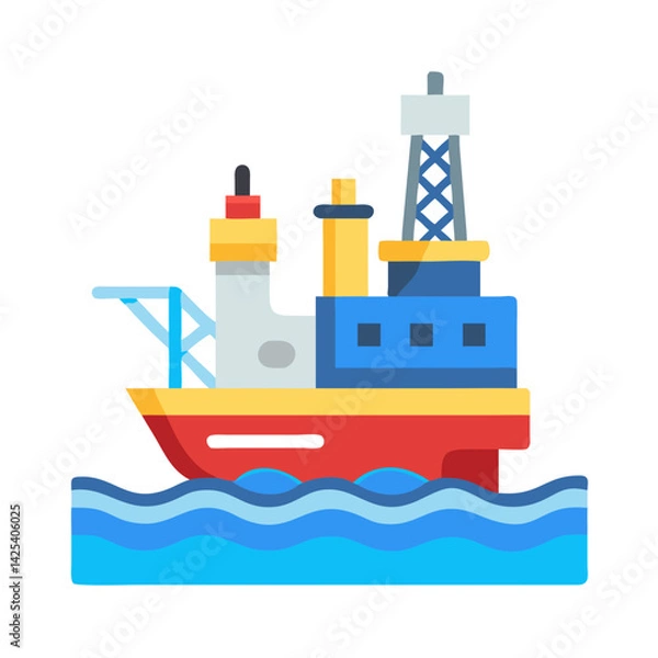 Fototapeta Offshore oil rig cartoon icon, ship on water