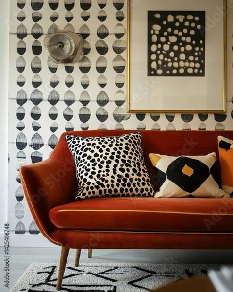 Fototapeta Cozy Living Room: A inviting living room, showcasing a stylish orange sofa adorned with patterned pillows, art, and a captivating wallpaper, creating a warm and inviting ambiance.