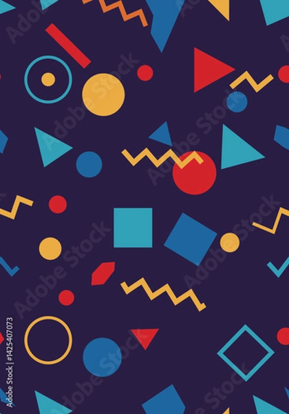 Obraz Geometric shapes in various colors scattered on a dark purple background