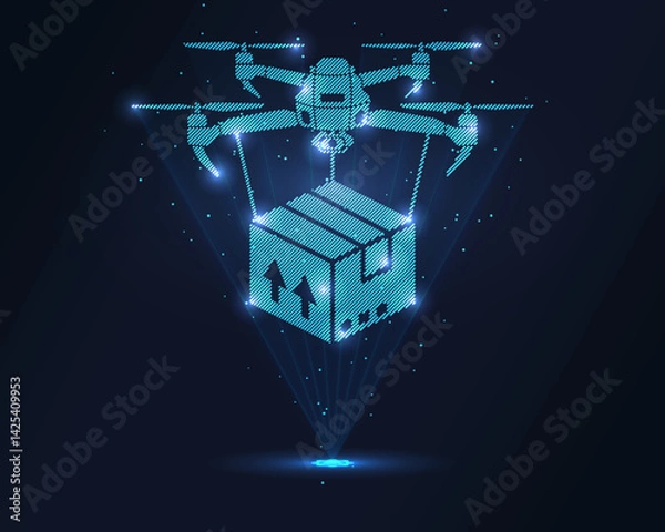 Fototapeta Drone delivery hologram. Futuristic holographic projection of a drone delivering a package with glowing energy flux and innovative design. Ideal for logistics, technology, and transportation concepts