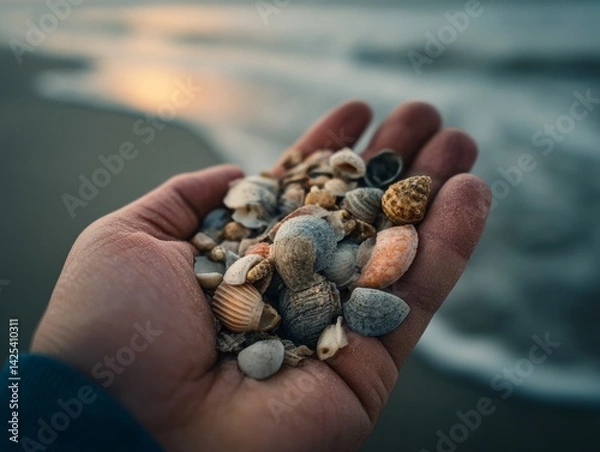 Fototapeta "Capture essence of beach with close-up of seashells in hand, perfect for nature-themed projects or coastal decor. Evoke tranquility and beauty of shoreline."