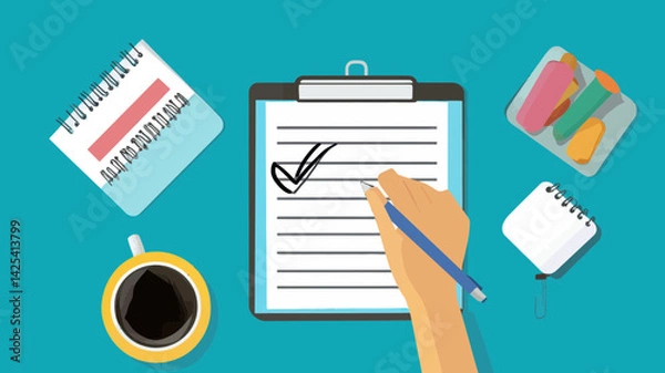 Fototapeta Top View of Person Checking To Do List on Clipboard with Coffee and Office Supplies, Productivity and Organization Concept