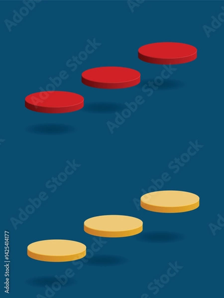 Obraz Set of 3d yellow, red product display podium on blue background, three cylinder podium floating up, empty stage mockup for presentation your platform, cosmetic, sale banner, vector illustration