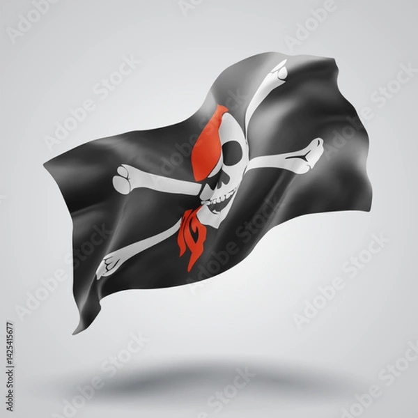 Fototapeta Pirate, vector 3d flag with waves on a white background