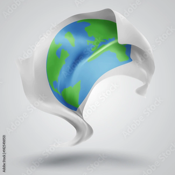 Fototapeta World map, vector 3d flag with waves on a white background