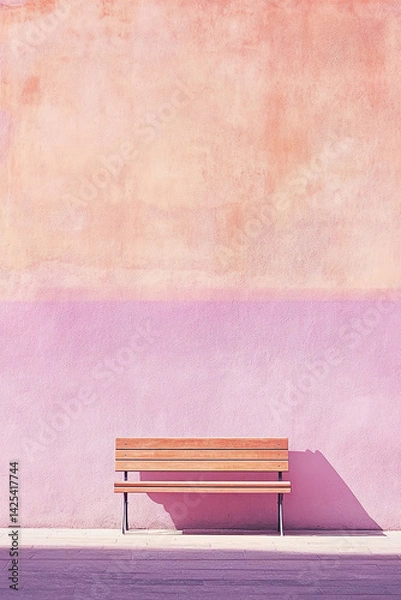 Obraz Minimalist view of wooden bench with shadow near peach pink pastel wall