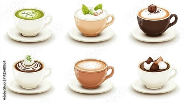 Obraz Six diverse hot beverages in cups and saucers; matcha, latte, cappuccino, mocha, hot chocolate variations.