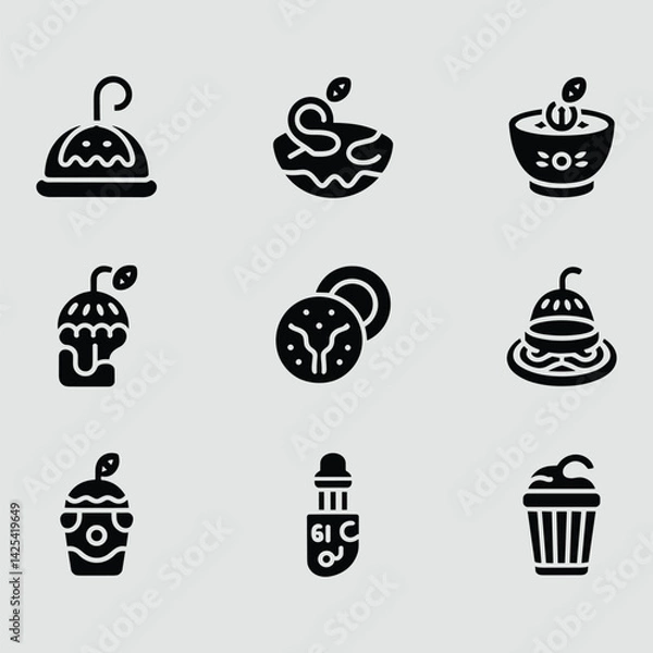Fototapeta Diverse Sweets And Dessert Icons In Black Silhouette For Graphic Design Projects And Food Concepts