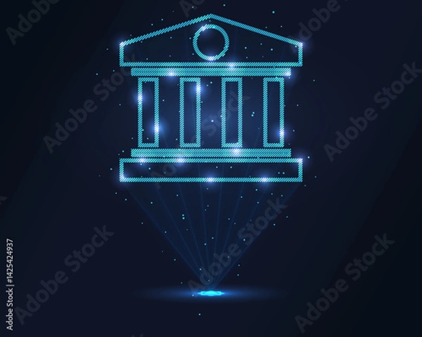 Fototapeta Bank hologram. Futuristic holographic projection of a bank with glowing energy flux and financial design. Ideal for banking, finance, and economic concepts in modern business projects