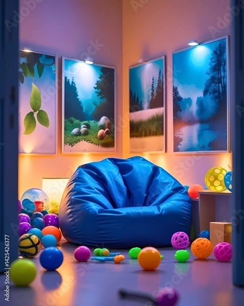 Fototapeta Sensory playroom with bean bag and soft balls
