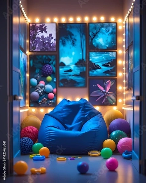 Fototapeta Vibrant sensory room with glowing lights and textures
