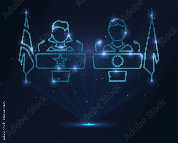 Fototapeta Political press conferences hologram. Futuristic holographic projection of a press conference with glowing energy flux and media-focused design. Ideal for news, politics, and communication concepts