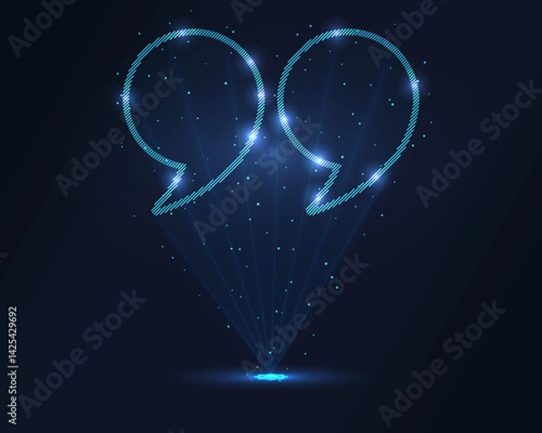 Fototapeta Quote hologram. Futuristic holographic projection of a quote icon with glowing energy flux and communication design. Perfect for presentations, social media, and design projects