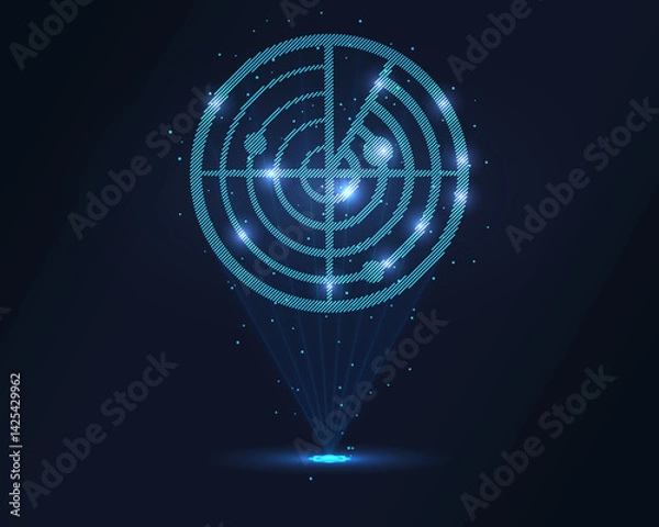 Fototapeta Radar hologram. Futuristic holographic projection of a radar system with glowing energy flux and high-tech design. Ideal for military, aviation, and surveillance concepts