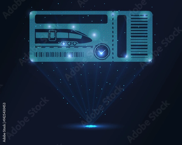 Fototapeta Train ticket hologram. Futuristic holographic projection of a train ticket with glowing energy flux and travel-themed design. Perfect for rail transport, tourism, and journey concepts