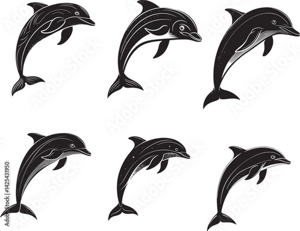 Fototapeta set of black silhouettes of dolphins vector illustration