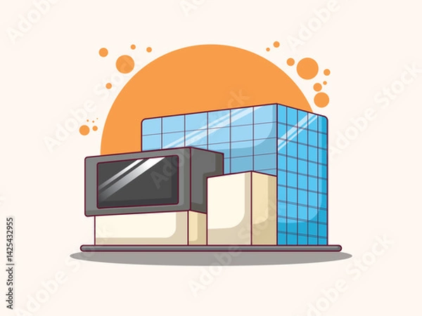 Fototapeta office vector buildings illustrations in perspective view with blue glass facade in cartoon style. Isolated on white background