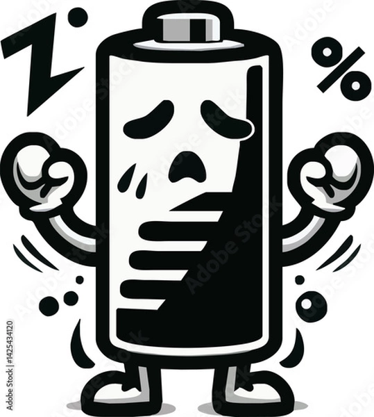 Fototapeta Battery character, anthropomorphic, tired expression, low energy, cartoon style, black and white illustration, doodle art, worried face, percentage symbol, lightning bolt, simple design, mascot, empty