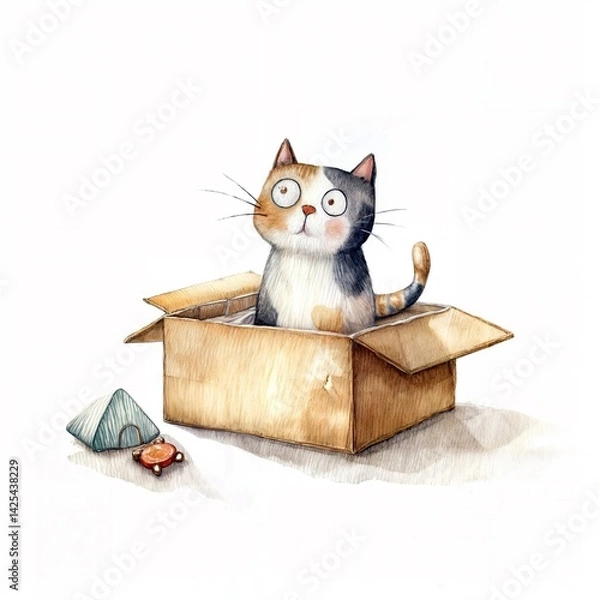 Obraz Whimsical watercolor illustration of a calico cat sitting in a cardboard box with a surprised expression. Minimalistic, playful concept perfect for pet humor and children's decor