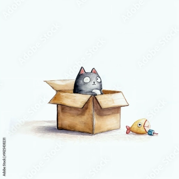 Obraz Whimsical watercolor illustration of a calico cat sitting in a cardboard box with a surprised expression. Minimalistic, playful concept perfect for pet humor and children's decor