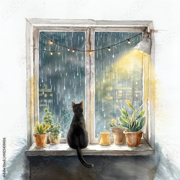 Obraz Watercolor illustration of a black cat sitting on a windowsill watching the rain fall. Melancholic yet peaceful atmosphere, ideal for autumn, solitude, or rainy day themes