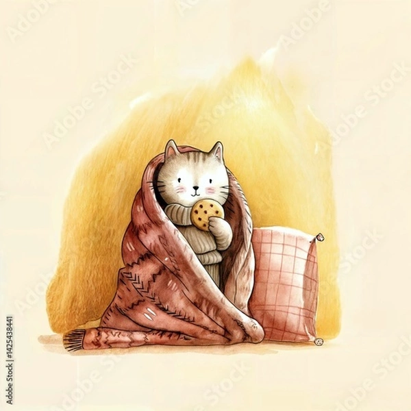 Obraz Cute watercolor illustration of a cat snuggled in a blanket holding a cookie. Cozy, warm, and comforting scene perfect for winter, home, or hygge-themed content