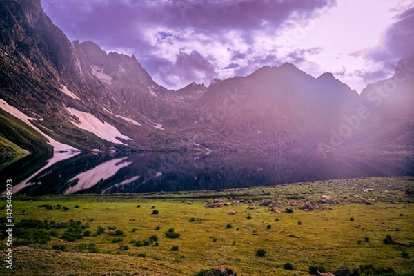 Obraz Mountain landscape with a lake.  Panoramic view from Sonmarg, Kashmir valley in the Himalayan region. Serene meadows, alpine trees, wildflowers on the trails of the Great Lakes of Kashmir, 2021.

