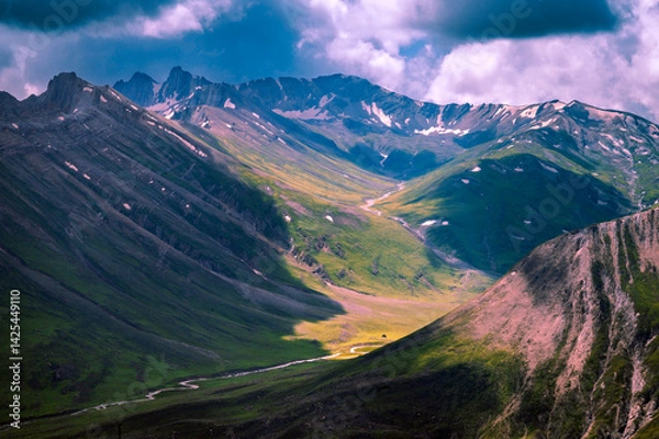 Obraz Mountain landscape with blue sky.  Panoramic view from the top of Sonmarg, Kashmir valley in the Himalayan region. Serene meadows, alpine trees, wildflowers on the trails of Great Lake of Kashmir Trek