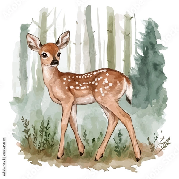 Obraz Baby deer standing near a forest edge, watercolor illustration, isolated on a white background.

