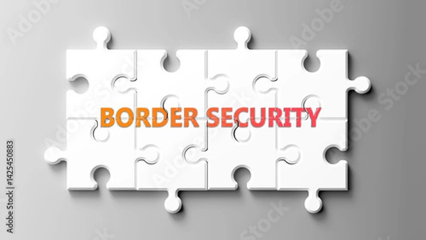 Fototapeta Border Security complex like a puzzle - pictured as word border security on a puzzle pieces to show that border security is complex and needs cooperating pieces that fit together. ,3d illustration