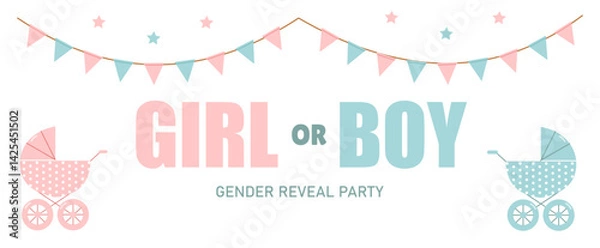 Fototapeta A festive banner at the gender reveal party with cute garlands and strollers