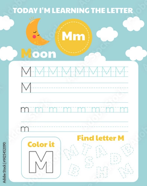 Fototapeta Worksheet for children in kindergarten to learn the letter M