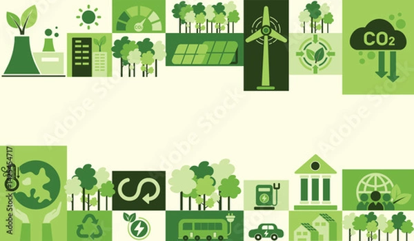 Fototapeta The concept of reduce co2 emission and net zero by clean energy and reduce climate change long term strategy. Green environment flat icon vector illustration templet infographic design for web banner.