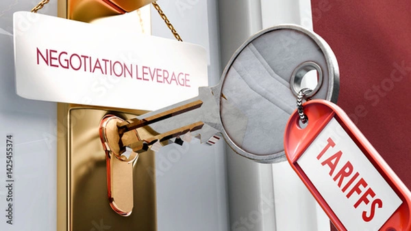 Fototapeta Tariffs leads to Negotiation Leverage - it's a key to unlock negotiation leverage. A door key metaphor ,3d illustration