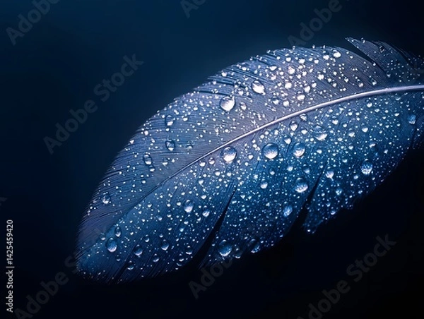 Obraz Blue feather with water droplets, glowing light effect, dark background, delicate and ethereal look, macro photography style