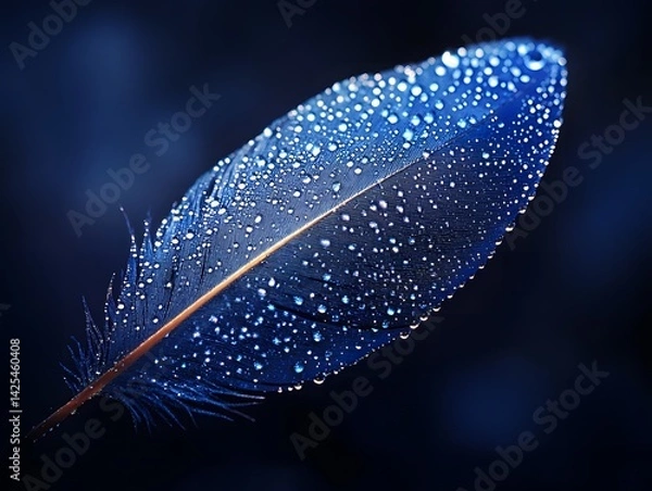 Obraz Blue feather with water droplets, glowing light effect, dark background, delicate and ethereal look, macro photography style