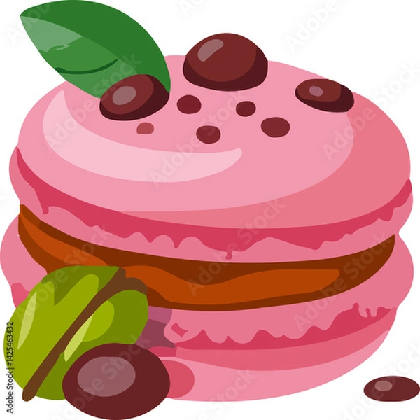 Fototapeta A charming pink macaron with a rich brown filling and chocolate dot and leaf decorations, in a cute cartoon style.