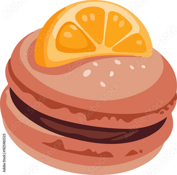 Fototapeta A delightful tan macaron with a creamy filling and a unique white swirl and green leaf topping, in a cute cartoon style.