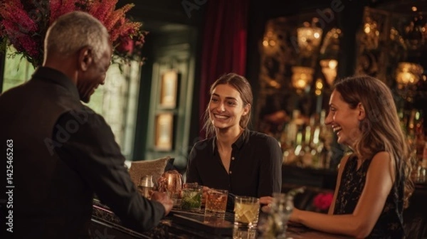 Obraz Three people are sitting at a bar, smiling and laughing