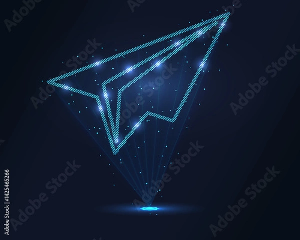 Fototapeta Paper airplane hologram. Futuristic holographic projection of a paper airplane with glowing energy flux and creative design. Perfect for aviation, messaging, and creative business concepts
