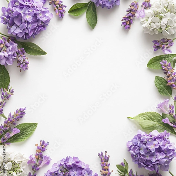 Obraz Soft lavender and hydrangea floral frame, isolated on white background