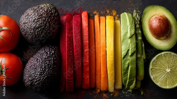 Fototapeta Fresh assortment of colorful fruits and vegetables, celebrating natural health and vitality a tray filled with fruits and vegetables on top of a gray table next to oranges, raspberries, 