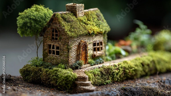 Fototapeta A charming cottage stands surrounded by vibrant plants and flowers, offering a glimpse into  quaint midwestern house
