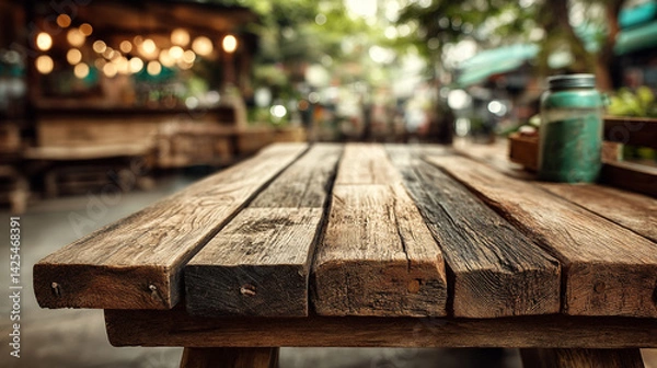 Fototapeta Rustic wooden table top, outdoors setting. Perfect for product displays  Surrounded by Nature with Soft Bokeh Effect, Ideal for Cozy Outdoor Settings 