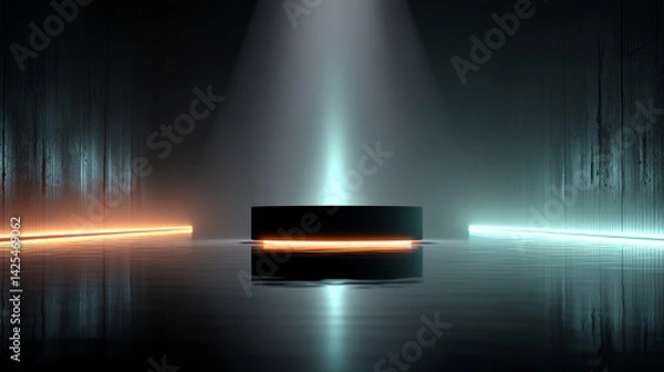 Fototapeta Abstract dark background with golden light orange light beam across the jet-black surface, creating a sharp, sleek, and modern contrast 