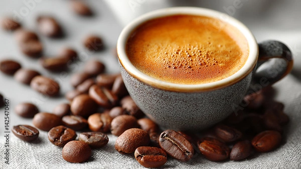 Fototapeta Freshly brewed espresso with a rich golden crema in a Freshly Brewed Coffee with Coffee Beans Surrounding